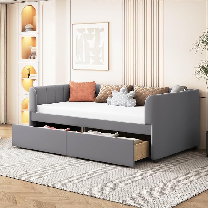 YOPTO Velvet Twin Size Upholstered Daybed with Ergonomic Design Backrest & 2 Drawers, Sofa Bed w/Classic Striped Headboard for Bedroom, Living Room, Guest Room,No Box Spring Needed,Gray