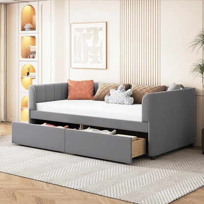Merax Twin Size Upholstered Daybed with 2 Storage Drawers, Wooden Sofa Bed Frame with Simple Line Design, Grey