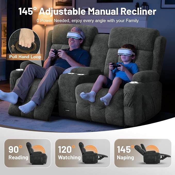 Loveseat Recliner Sofa, Home Theater Seating with Massage, Reclining Loveseats with Console, Wall Hugger RV Couch Movie Theater Chairs, RV Furniture Sofas with USB, Cup Holders, Drawer for Gaming Room