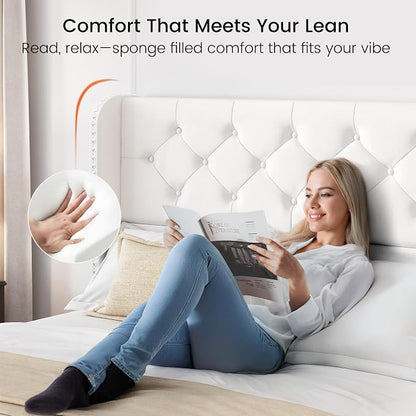 LARMACE Queen Size Bed Frame with 4 Storage Drawers and 47.2" Tall Wingback Headboard Velvet Upholstered Platform Bed Frame Tufted Beds with Wooden Slats Support, Easy Assembly, White