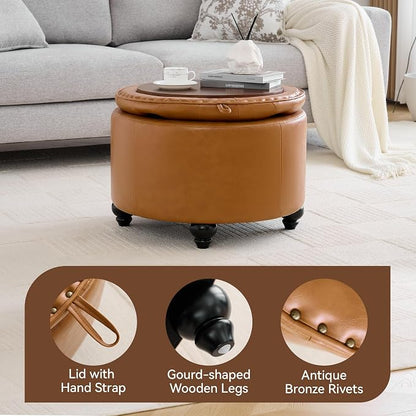 WUTUTUEE 24Inch Round Storage Ottoman with Tray, Modern Tufted Leather Circle Coffee Table with Storage, Upholstered Ottoman with Removable Top for Living Room, Bedroom, Leather Brown
