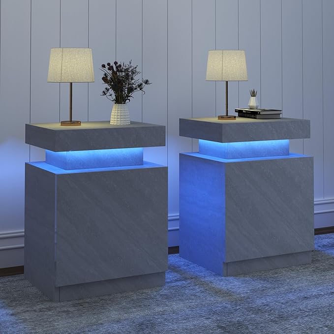 MXV Nightstand Set of 2 with LED Lights,Night Stand with Storage Cabinet for Bedroom,Bedside Table with LED (Grey, 24IN Tall)