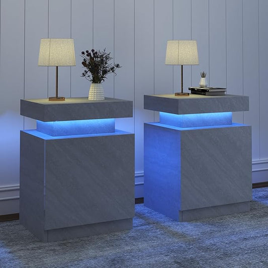 MXV Nightstand Set of 2 with LED Lights,Night Stand with Storage Cabinet for Bedroom,Bedside Table with LED (Grey, 24IN Tall)