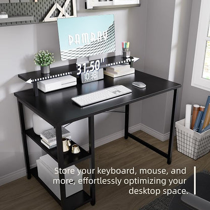 Pamray 33.5 Inch Small Computer Desk with Monitor Stand and Shelves | Sturdy, Space-Saving, Easy Assemblely, Suitable for Bedroom, Office, Apartment and Dorm, Used for Writing and Studying