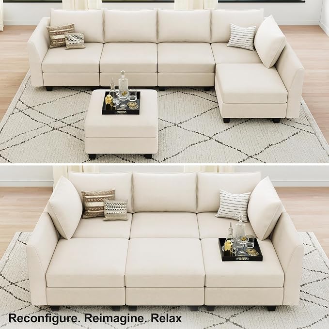 Belffin Modular Sectional Sofa Sleeper Sectional Couch with Storage Velvet Sofa Bed for Living Room, 6 Seats, Beige