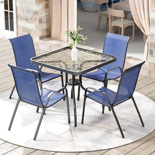 Arlopu 5 Piece Outdoor Patio Dining Set (Umbrella not Included), Porch Furniture with 4 Textline Chairs, 1 Square Glass Table for Garden, Backyard and Poolside, Lawn (Navy Blue)