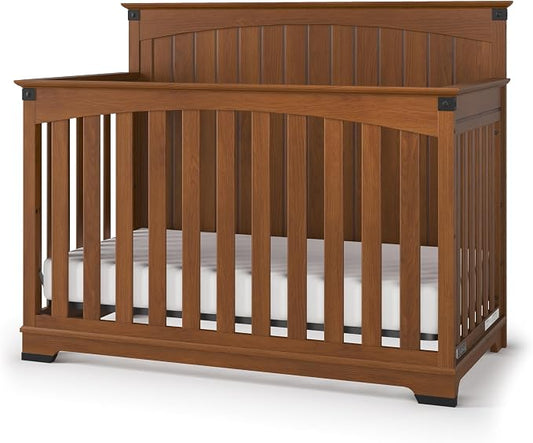 Child Craft Redmond 4-in-1 Convertible Baby Crib, Wood Nursery Furniture Converts to Toddler Bed, Daybed & Full Bed, Adjustable Mattress Heights, Rustic Style, Non-Toxic Baby Safe Finish, Coach Cherry