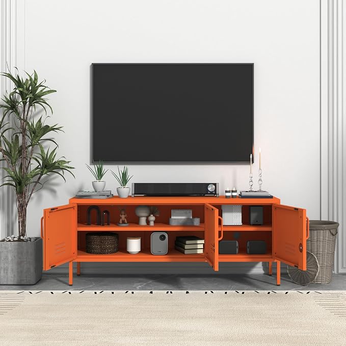 3 Door TV Standwith Storage Locke Metal TV Cabinet with 2-Tier Multi-Purpose Lockable Wide Storage Cabinet, Media Console Table with Metal Legs for Living Room, Bedroom,Office,Orange
