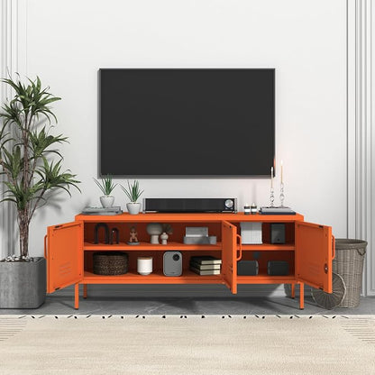 3 Door TV Standwith Storage Locke Metal TV Cabinet with 2-Tier Multi-Purpose Lockable Wide Storage Cabinet, Media Console Table with Metal Legs for Living Room, Bedroom,Office,Orange