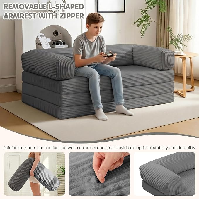 Convertible Sofa Bed King,5-in-1 Folding Boneless Couch Corduroy Futon Sofa Bed,Tri-Fold Mattress with Removable Armrests & Handle,Sleeper with Pull Out Bed for Small Space Living Room Bedroom