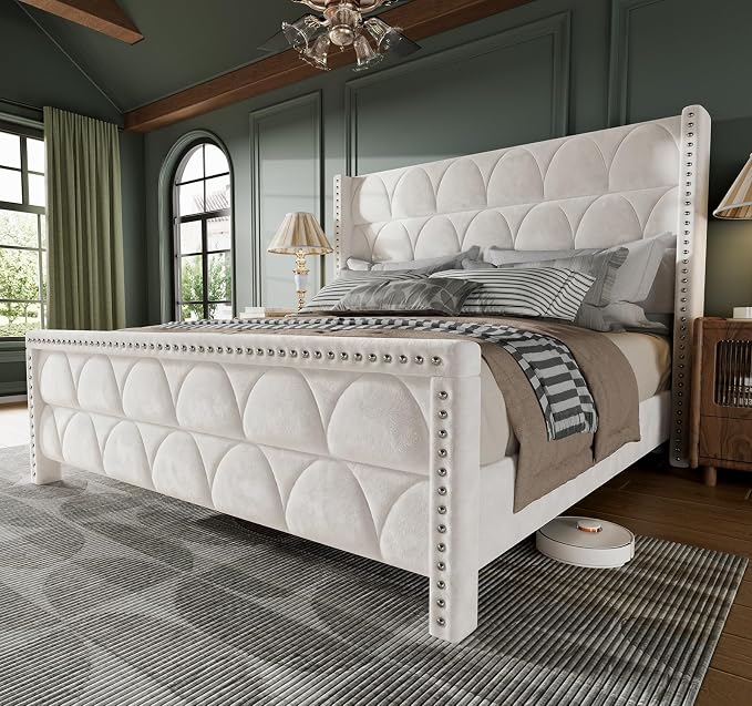 OHOHOLIVE King Size Bed Frame with 56" Headboard - Velvet Upholstered Wingback Platform Bed Frame, Noise Free, Sturdy Wooden Slat Support (Cream, King)