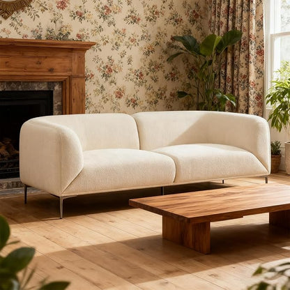 82.68" Modern Luxury Fabric Sofa Couch with Metal Legs, Upholstered 3-Seater Sofa for Living Room, Easy Assembly Contemporary Linen Couch, Stylish Comfort Seating for Apartment & Home(White)