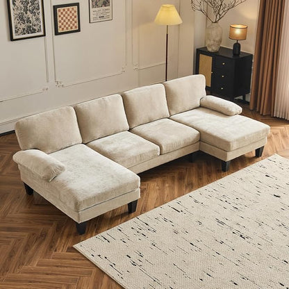 VINGLI 110" Sectional Couches for Living Room,U Shaped Couch with Double Chaise, 4-Seat Sofa Set with Chenille Fabric for Home Furniture,Light Khaki
