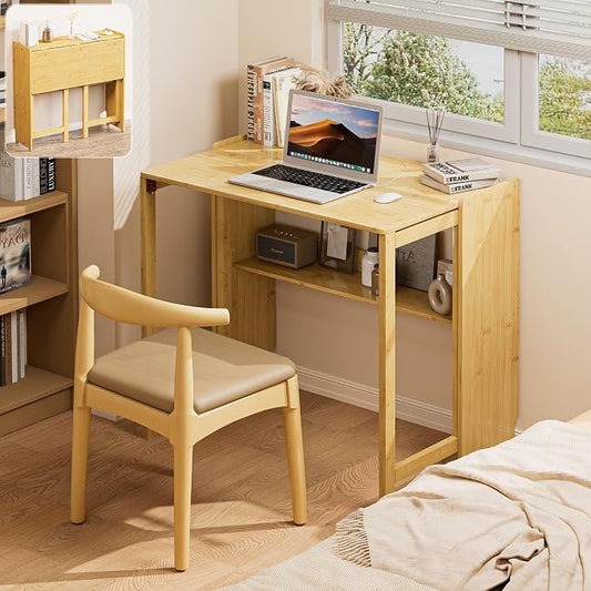 Bamboo Folding Desk for Small Spaces, Mid Century Small Computer Foldable Desk for Bedroom Home Office, Space Saving Sofa Table for Couch, Writing Work Office Desk,Natural