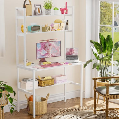 Aquzee Computer Desk with Hutch, 40“W x 19.6" D Desk with Shelves, Tall Home Office Desk with Bookshelf, Metal Legs Study Table with Upper Storage Shelf for Study Writing/Workstation, White