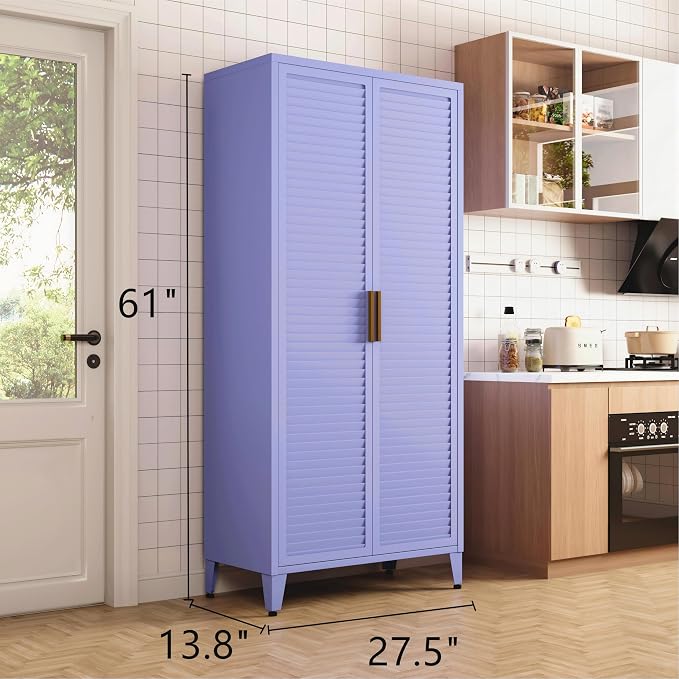 61" Tall Purple Kitchen Pantry Cabinet, Farmhouse Metal Pantry Storage Cabinets, with 2 Louvered Door and 3 Adjustable Shelves, Multipurpose Storage Organizer, for Home, Entryway, Kids Room