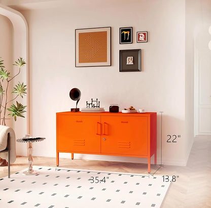 Wide Lockable Metal TV Stand with Accent Cabinet Locker, Heavy Duty Entertainment Center for Bedroom, Adjustable Shelves & 2 Doors, Multifunctional Storage Cabinet for Home 22"H X 35.4"W X 13.8"D