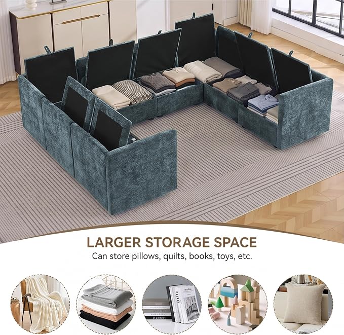 105" Blue Oversized Modular Storage Sofa, U Shaped Chenille Cloud Couch | Oversized Convertible Sectional Sofa, 8-Seat Sectional Couch With Armrests, Large Cloud Couch For Living Room, Apartment.