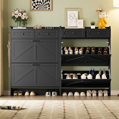 BORNOON Shoe Storage Cabinet for Entryway, Farmhouse Narrow Shoe Cabinet with 2 Flip Drawers & Top Drawers, Adjustable Shelves & Hooks, Freestanding Hidden Rack Organizer for Hallway, Foyer