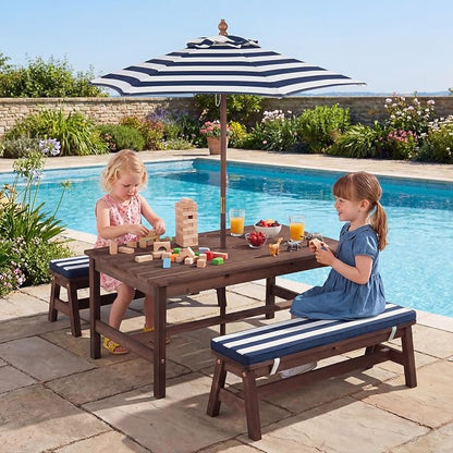 Costzon Kids Picnic Table, Fir Wood Toddler Outdoor Table & Bench Set w/Removable Umbrella & Cushions, Stripe Fabric, Kids Outdoor Furniture for Patio Backyard Garden, Fits 4 Children Age 3+ (Blue)