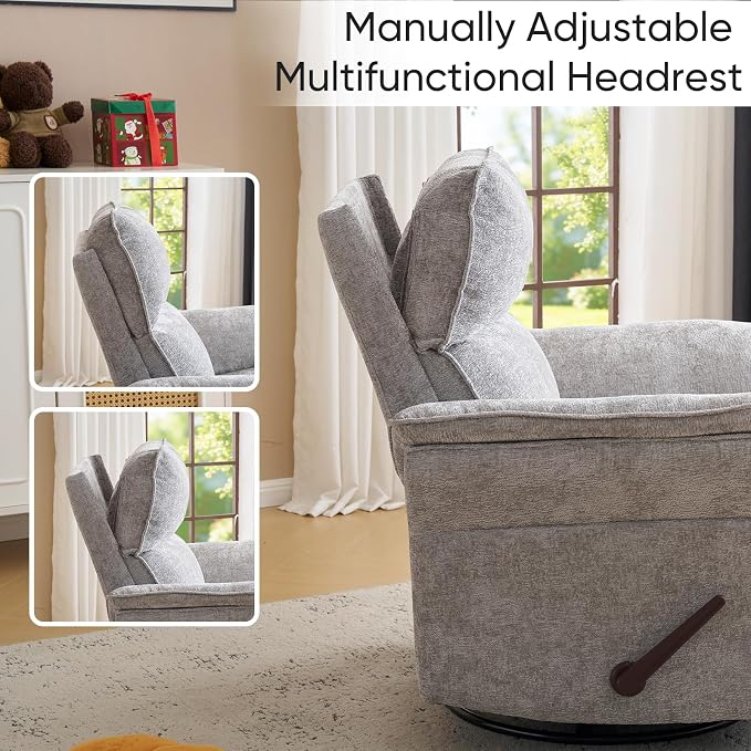 Rocking Chair Nursery with Adjustable Headrest,Manual Swivel Rocker Recliner Nursery Chair with Overstuffed Armrest,Glider Rocker Recliner for Living Room & Bedroom,Light Grey