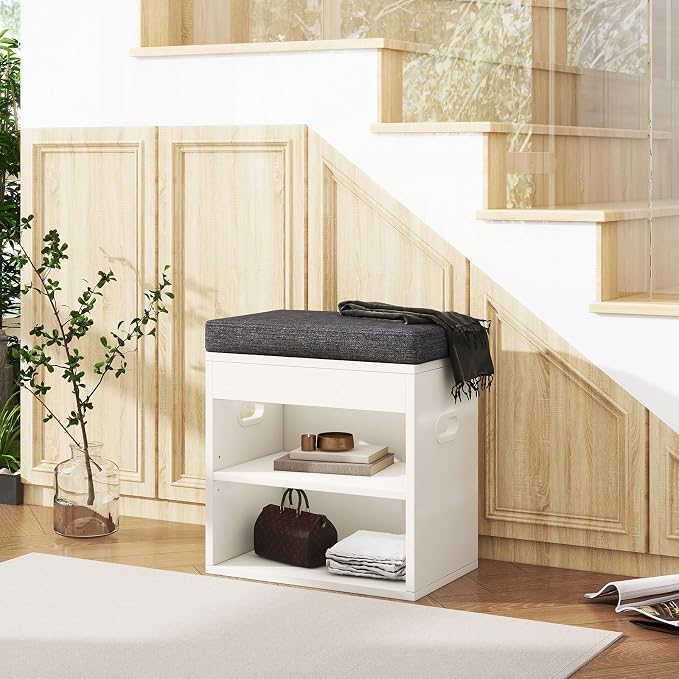 YMYNY Small Shoe Storage Bench with Cushion and Drawer, 2 Tier Adjustable Entryway Bench with Storage, Wooden Shoe Rack Bench for Entryway, Living Room, Hallway, Closet, Bedroom, White, HSC002W