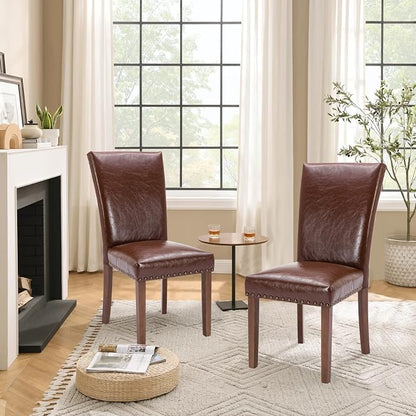 COLAMY Parsons Dining Chairs Set of 2, Upholstered Nailhead PU Leather Dining Room Kitchen Side Chair with Thick Cushions and Wood Legs, Light Brown