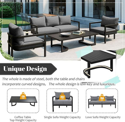4-Piece Outdoor Steel Sofa Set, All Weather Patio Conversation Set with 1 Love Sofa, 2 Single Sofa and Coffee Table, Waterproof Cushions, Suitable for Backyard Poolside Gardens (Light Grey-Z)
