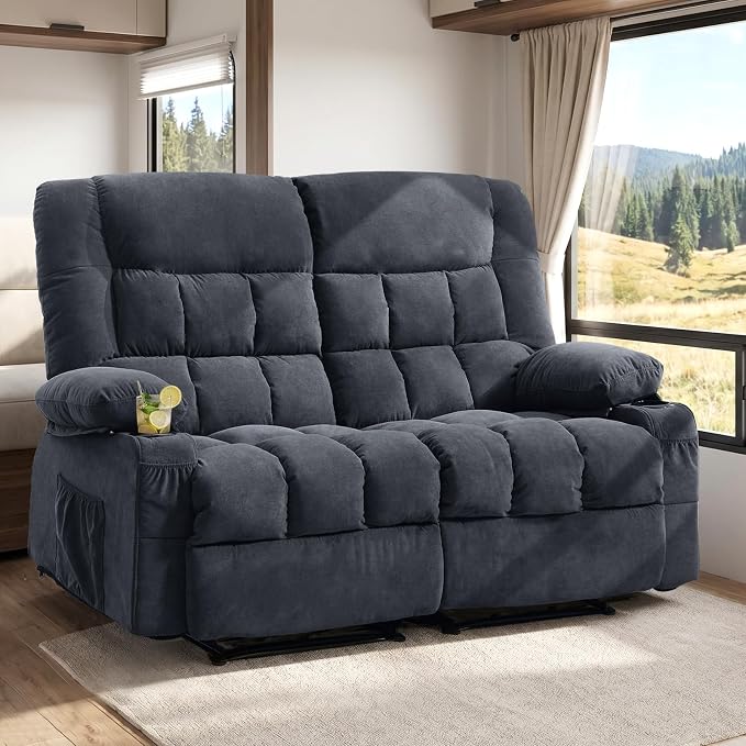 BOSMILLER Reclining Loveseat with Cup Holders for Living Room 2 Seat Manual Loveseat Recliner with Side Pocket