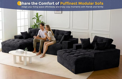 MAXYOYO Sectional Sofa Couch and Chaise Lounge, L Shaped Modern Cloud Couch with Ottoman, Comfy Tufted Upholstered Couch with Layered Cushion for Living Room, No Assembly Required, Black