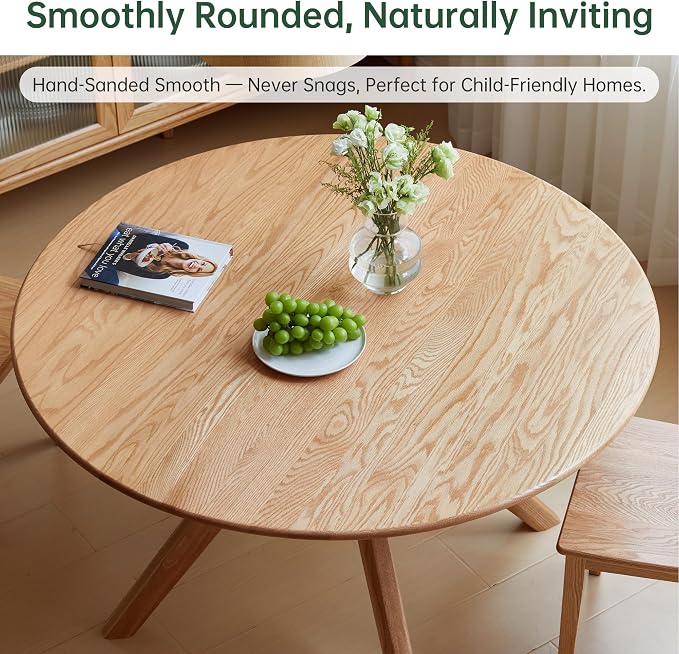 YESWOOD 43.3’’ Solid Wood Round Dining Table for 4, Oak Rustic Kitchen Table with Intersecting Pedestal Base, Farmhouse Circle Dinner Table for Dining Room, Living Room, Office, Natural