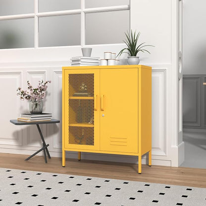 Yellow Metal Locker CabinetsMetal Locker Storage Cabinet with Mesh Doors and Adjustable Shelves Coffee Bar Cabinet,Kitchen Pantry Storage Cabinets for Home, Office, Entryway and Hallway
