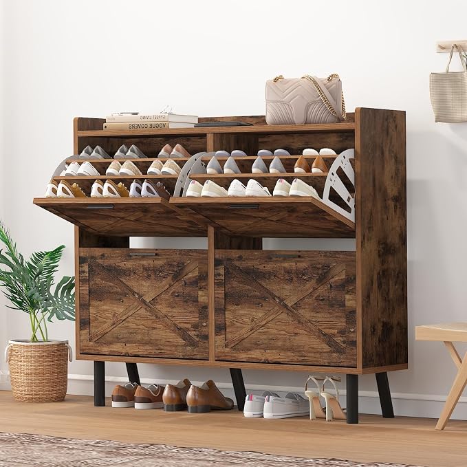 Shoe Cabinet for Entryway, 3 Layers Shoe Cabinet Storage with 4 Flip Drawers, Metal Legs Shoe Storage, Shoe Organizer Cabinet Adjustable Shoe Rack Cabinet