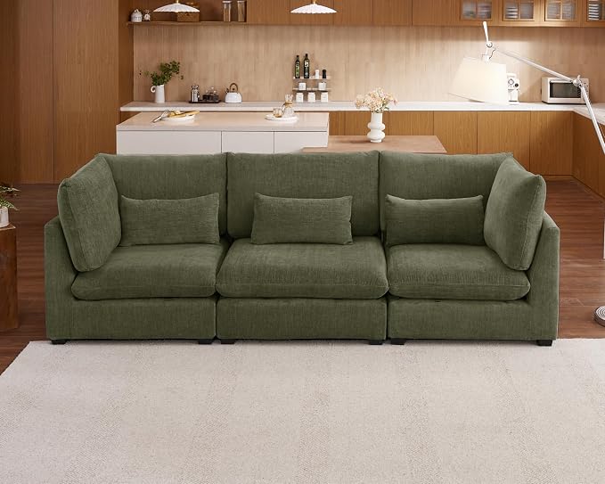 115" Oversized Chenille Couch Modular Sectional Sofa, Washable Cloud Couch Sectional, 3 Seater Sectional Couches for Living Room, Fully Cover Removable, Basic 3 Seater, Chenille, Green