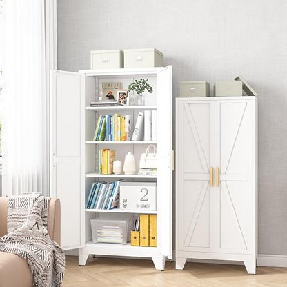 Baborokic 71H Tall Metal Storage Cabinet with 2 Doors and Adjustable Shelves,Farmhouse Storage Cabinet with Barn Doors,Pantry Storage for Home,Office,Dining Room,Kitchen(White)