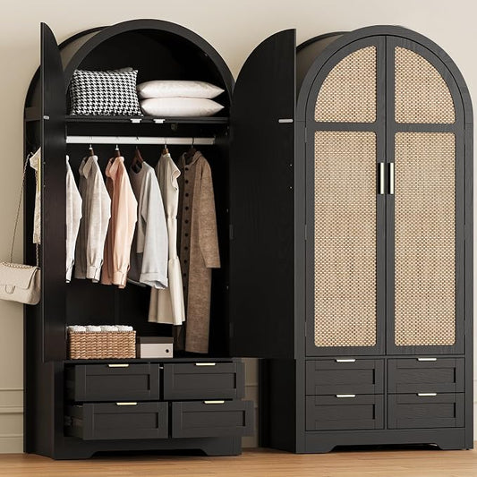 Armoire Wardrobe Closet with 4 Drawers - 2 Wood Bedroom Armoires and Wardrobes with Rattan Doors for Hanging Clothes, Clothing Cabinet Arched Closets for Cloak Room, 2 Wardrobes, Black