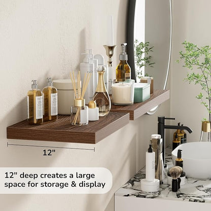 Fun Memories Floating Shelves - 2 Pack 12 Inch Rustic Wooden Wall Shelves - Extra Deeper & Thicker Wall Mounted Storage Shelf for Living Room, Kitchen, Farmhouse - 16" W x 12" D x 1.5" H - Walnut