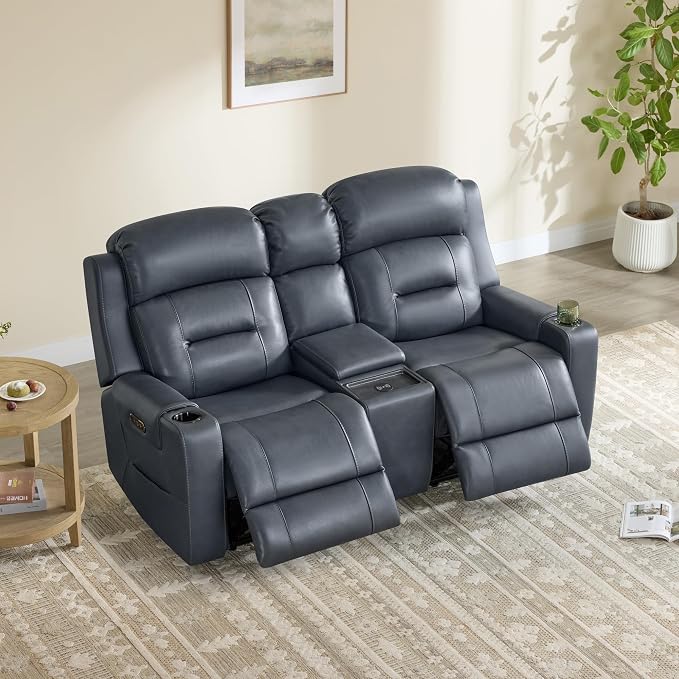 Watson & Whitely Genuine Leather Power Loveseat Recliner Sofa, Lay Flat Reclining Sofa with Console, Power Headrest, Cup Holders & Wireless Charging, Dual Recliner for Living Room, Navy Blue