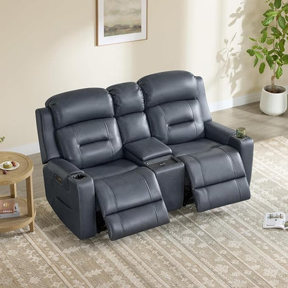 Watson & Whitely Genuine Leather Power Loveseat Recliner Sofa, Lay Flat Reclining Sofa with Console, Power Headrest, Cup Holders & Wireless Charging, Dual Recliner for Living Room, Navy Blue
