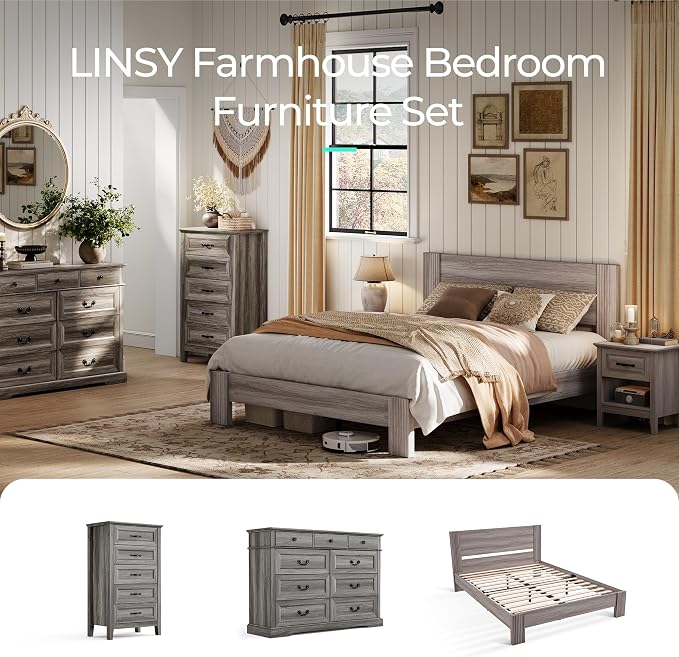 LINSY Night Stands Set of 2, 18.9" Farmhouse Wood Side Tables with Type-C Charging Station, Drawer & Open Storage Shelf – Perfect for Bedroom, Living Room, Sofa, or Office
