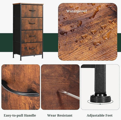 4 Drawers Dresser for Bedroom, Fabric Storage Tower Organizer with Wooden Top and Steel Frame, Tall Chest of Drawers for Closet, Entryway, Dorm, Brown