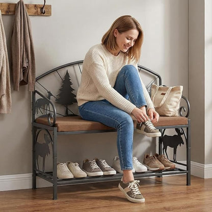 Bluecat 41.3" Entryway Shoe Bench,Rustic Metal with Forest Design, Padded Cushion Shoe Rack Bench for Hallway, Foyer, Cabin, Farmhouse Decor, Easy Assembly