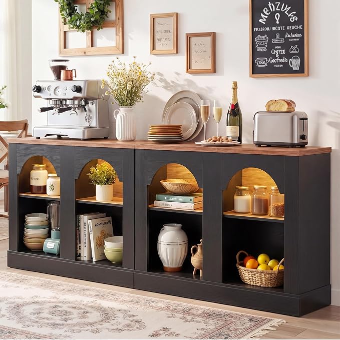 Unikito Arched Console Table with LED Lights, 94" Long Farmhouse Entryway Table with Adjustable Shelves, Sideboard Buffet Storage Cabinet for Entrance/Hallway/Living Room, Sofa Table Behind Couch