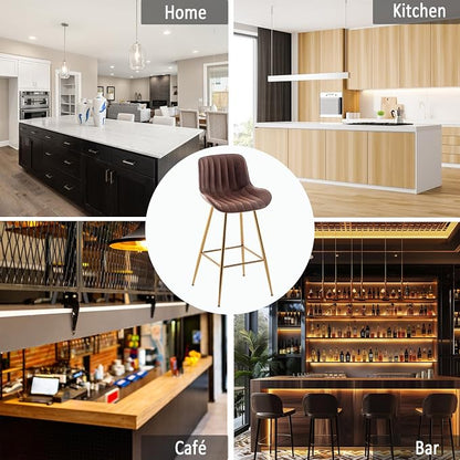 Sidanli Velvet Bar Stools Set of 2, Armless Bar Chairs with Gold Metal Legs, 29inch Counter Height Kitchen Island Stools with Back, Brown