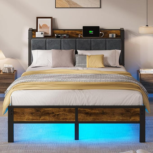 ALBERTO Full Size LED Bed Frame with Built-in Charging Station, Metal Platform with Slats, Soft Grey Upholstered Headboard, No Box Spring Required