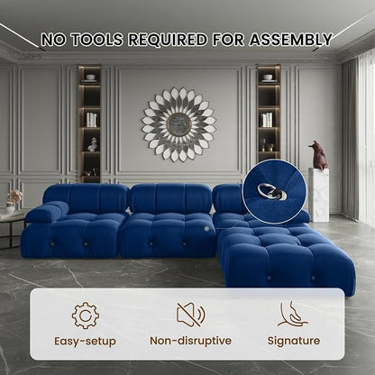 Modern Velvet Sectional Sofa, L Shape Minimalist Modular 4-Seater Sofa with Ottomans for Living Room Office Apartment (104in/Blue)