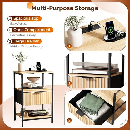 VINGLI Nightstands Set of 2 with Fabric Drawer, Fluted Nightstand with Charging Station, Oak Night Stand Set 2 Bed Side Tables, End Tales Bedroom with Charger Station, 14.96"W*11.81"D*23.7"H, 2 pcs