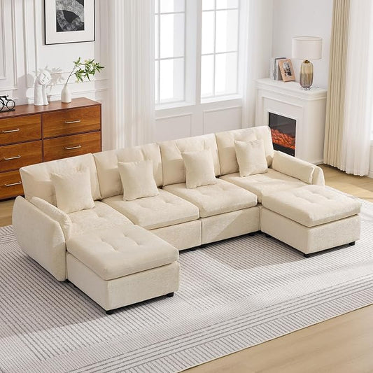 112" U Shaped Modular Sectional Cloud Sofa with 2 Ottomans, Oversized Deep Seat Tufted Chenille 6-Seater Couch with Curved Arms, Upholstered Sofas for Living Room, Beige