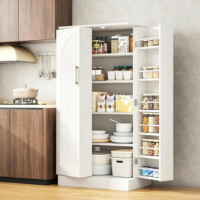 kepptory 47" Kitchen Pantry Cabinet with Doors and Adjustable Shelves, Freestanding Pantry Storage Cabinet, Farmhouse Buffet Cupboard for Kitchen, Dining Room, Living Room, White