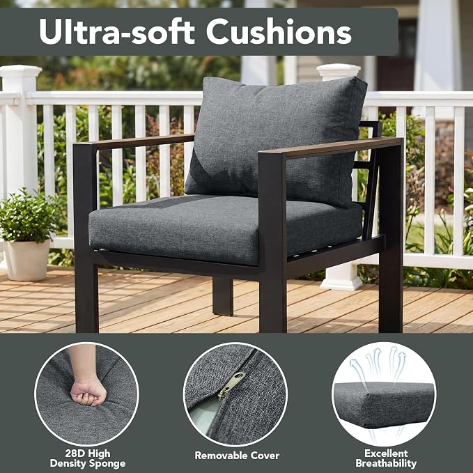 Patio Furniture Armchair Set of 2, All-Weather Patio Sofa with Washable Thick Cushion, Deluxe Aluminum Modern Outdoor Sectional for Porch, Balcony, Deck, Yard, Light Gray